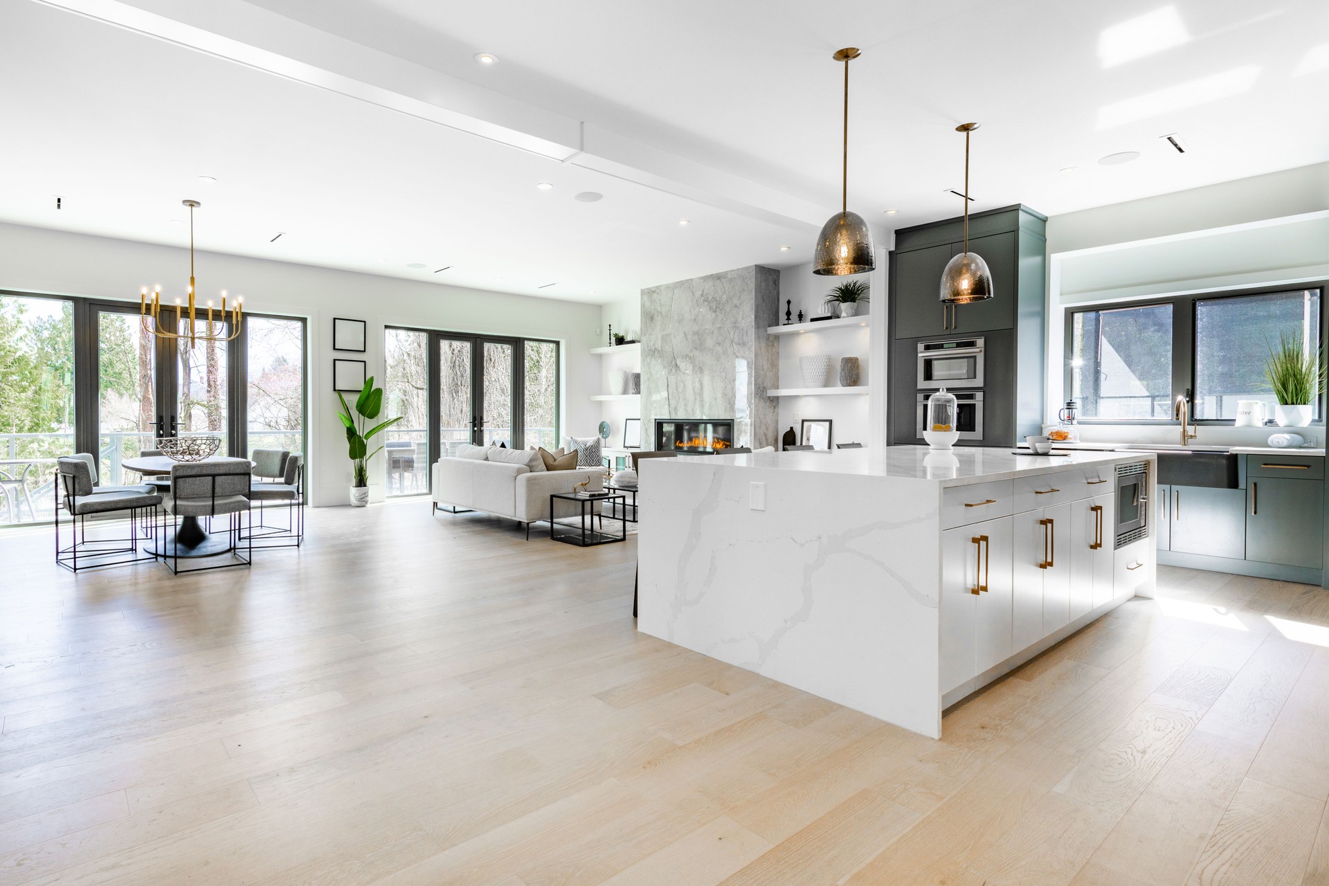 Modern contemporary home interiors living room dining room kitchen  bathroom bedroom office study entry foyer staircase front door hallway. Kitchen interior is spacious and open concept view to living room